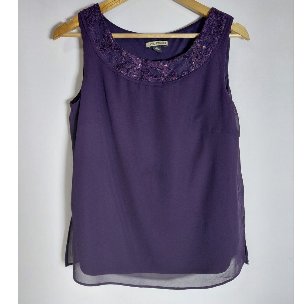 MAYA BROOKE Sequin Trim Sleeveless Top Solid Polyester Women Size 10
